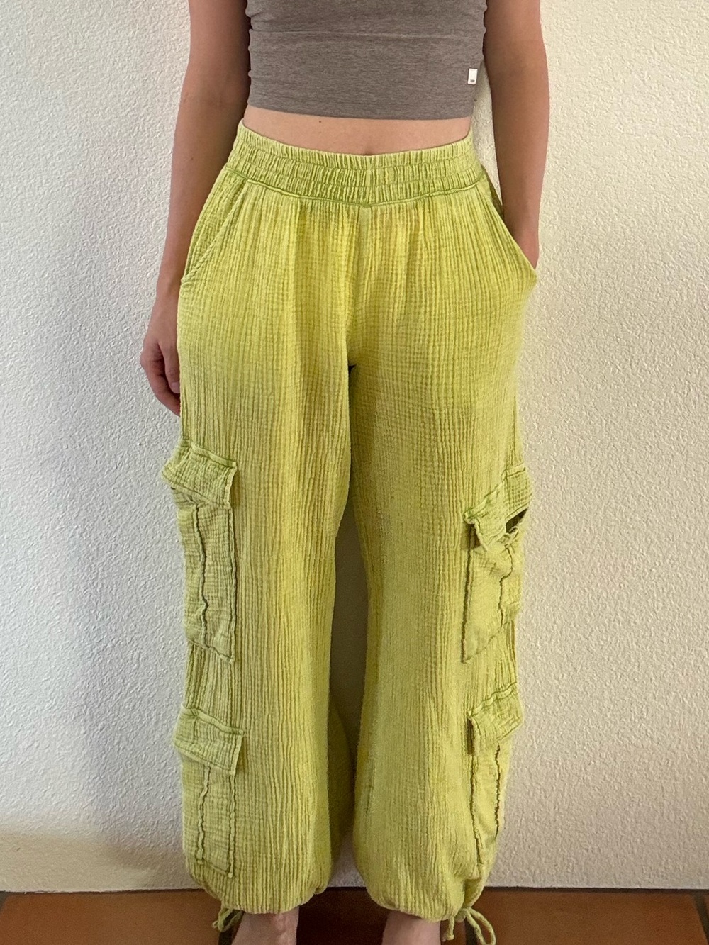 100% muslin cotton Lime Green Cargo/Balloon Pants: Bohemian